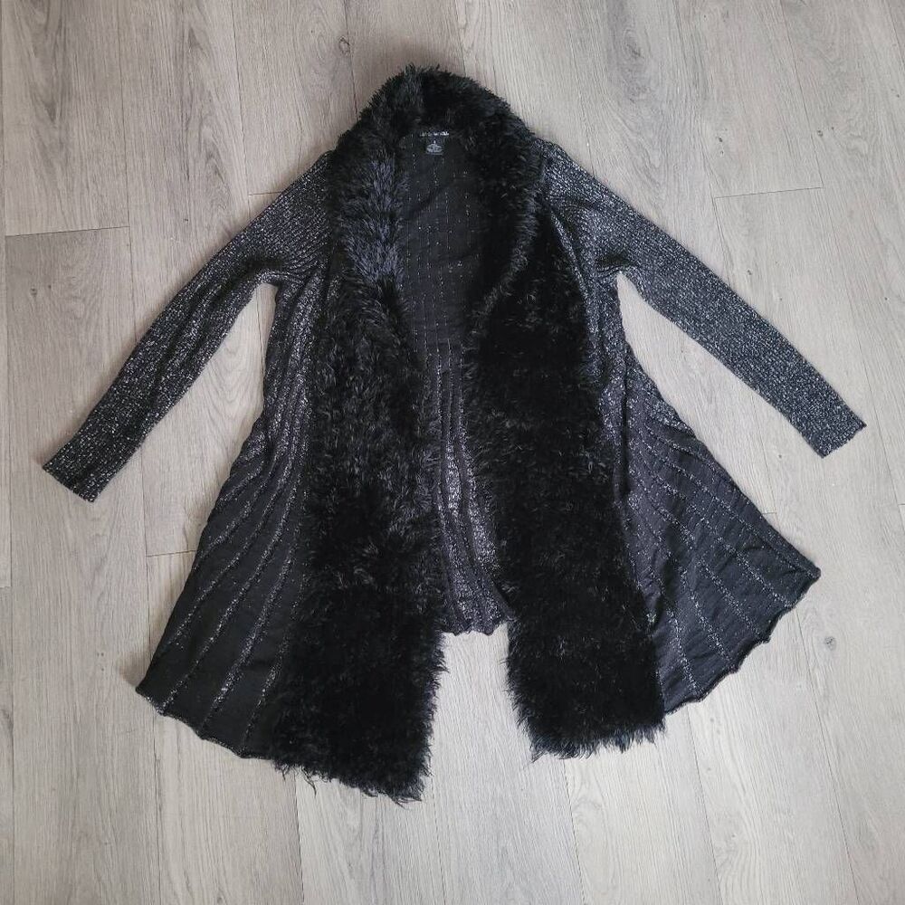 Vintage y2k Lauren Michelle cardigan black and silver fur trim